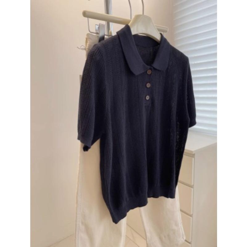 Summer Casual Polo Shirt Top Collar Knit Short Sleeved T-shirt for Women