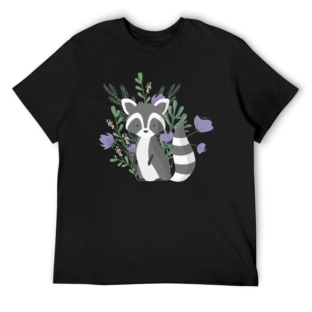 Cute Raccoon with Plants and Purple Flowers T-Shirt Oversized Graphic Tee Vintage Clothes Shirts Graphic Tees Tshirts for Men