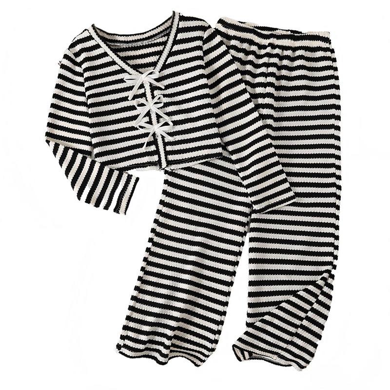 Girls' Minimalist Set: Fall Children's Black-and-White Striped V-Neck Patchwork Bow-Tie Top and Pants Two-Piece Loungewear Set