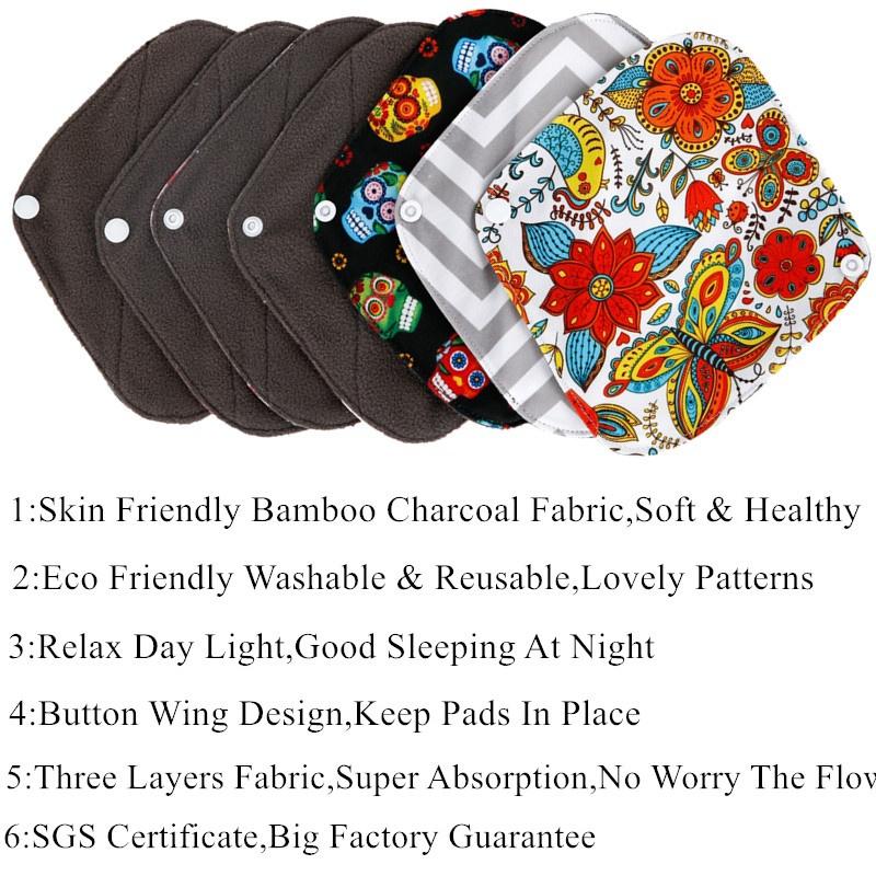 10PCS Reusable Bamboo Charcoal Cloth Panty Liner,Mixed Color,Women Menstrual Sanitary Pads