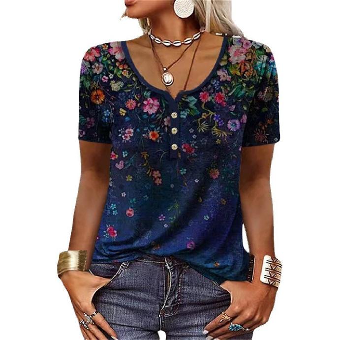 2026 Spring/Summer New Women s Fashion Printed T-Shirt Casual Loose Short Sleeve S темно-синий