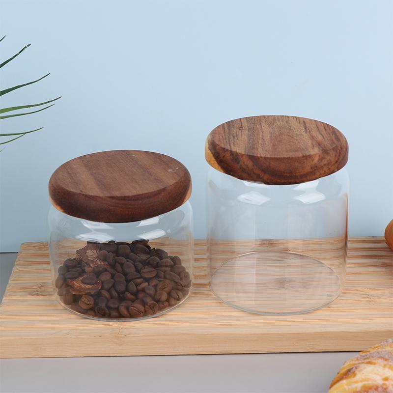 1Pcs Wooden Cover Coffee Beans Vacuum Sealed Tank Transparent Glass Food Storage Jars Household Moisture-Proof Container