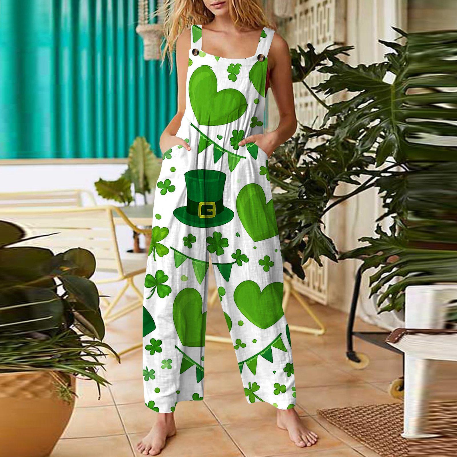 

Women s Casual Sleeveless St. Patrick s Day Printed Jumpsuit S зелений
