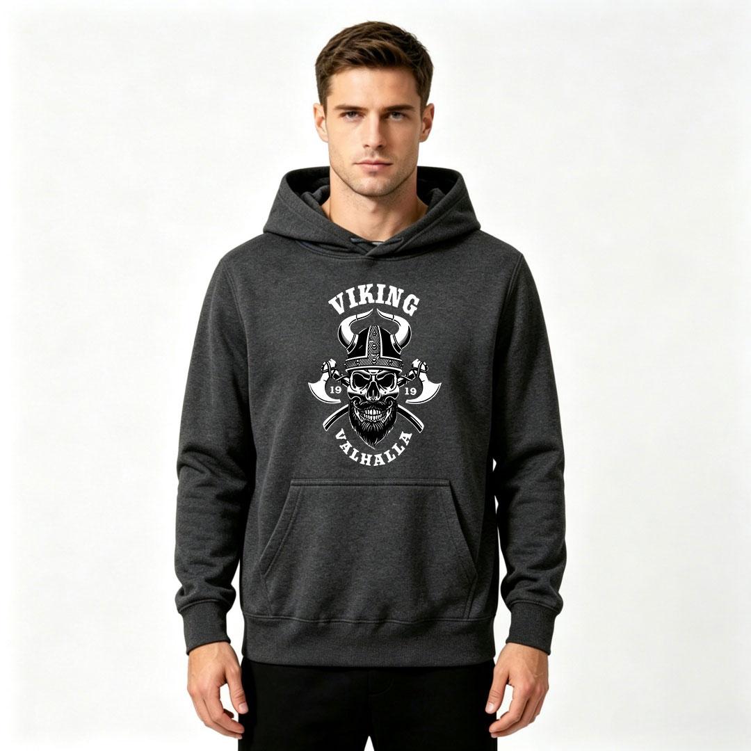 Men s Viking Valhalla Skull Horned Helmet Crossed Axes Graphic Print Hoodie, Adult Men Casual Streetwear Pullover Hooded Sweatshirt S