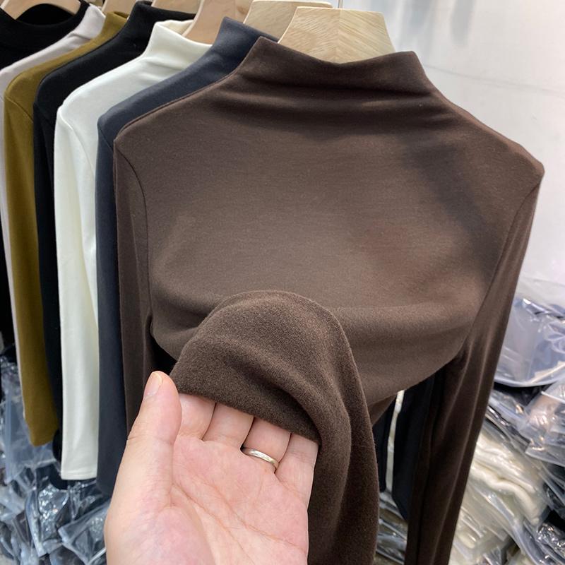 Autumn Half High Collar Slim Fit Plush Base Casual T-shirt Women Winter Long Sleeve Solid Velvet Women's T Shirt Elegant Retro Warm Lady Tee Top 25573