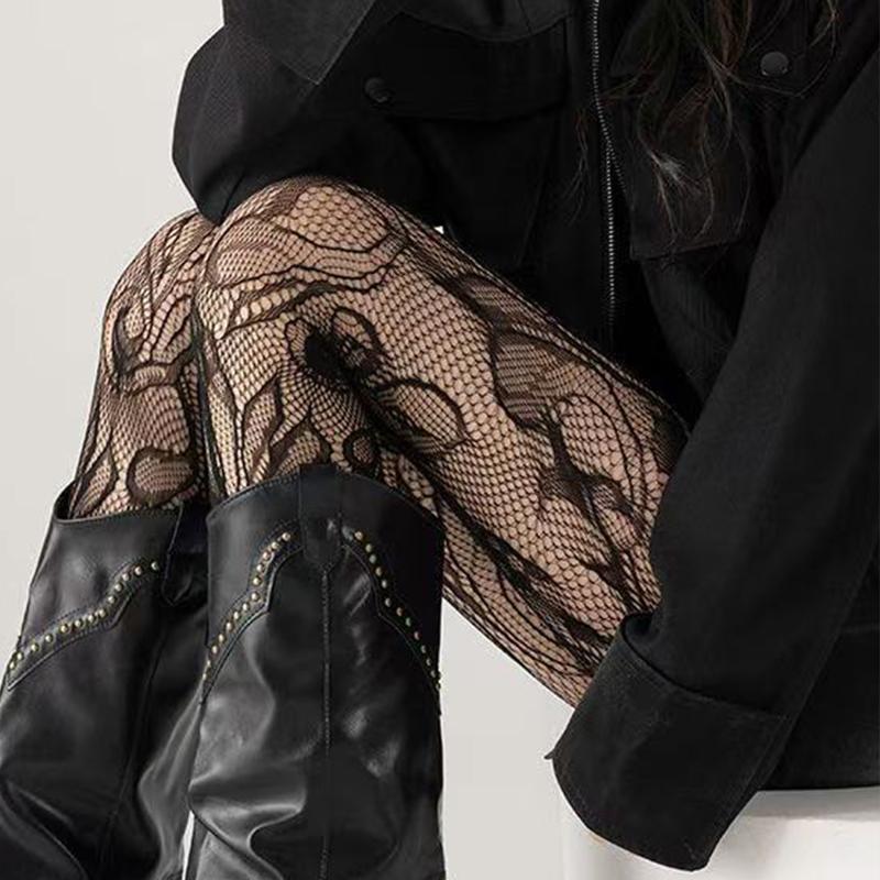 Retro-Style Openwork Floral Mesh Stockings Irregular Jacquard Lace Fishnet Pantyhose