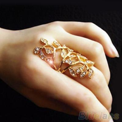 Shiny Rhinestone Leaf Knuckle Ring - Hollow Joint Armor Ring for Women