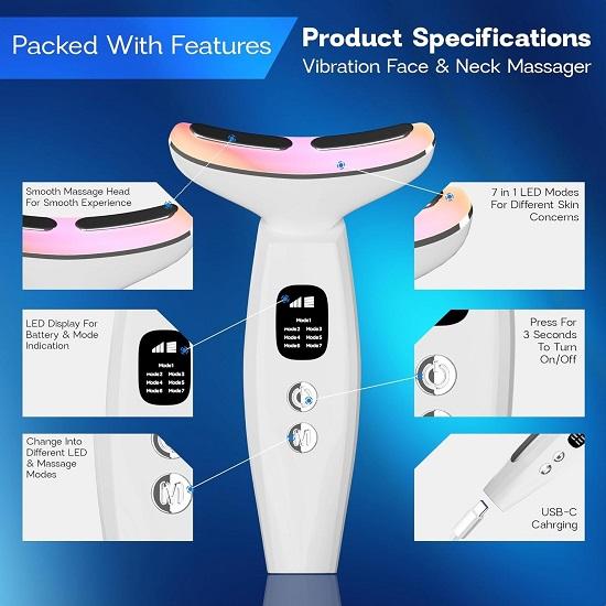 Skin Lift Device Anti-Aging Face  Neck Massager Reduces Wrinkles, Puffiness Double Chin 7 Color LED Light Therapy