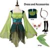 Costume da Elfo Fata per Donna Abito Medievale Verde con Ali Cintura Outfit Cosplay di Halloween Abito da Festa Fata