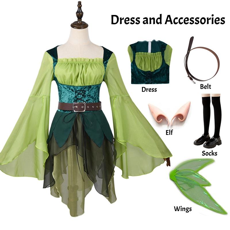 Women Elf Fairy Costume Green Medieval