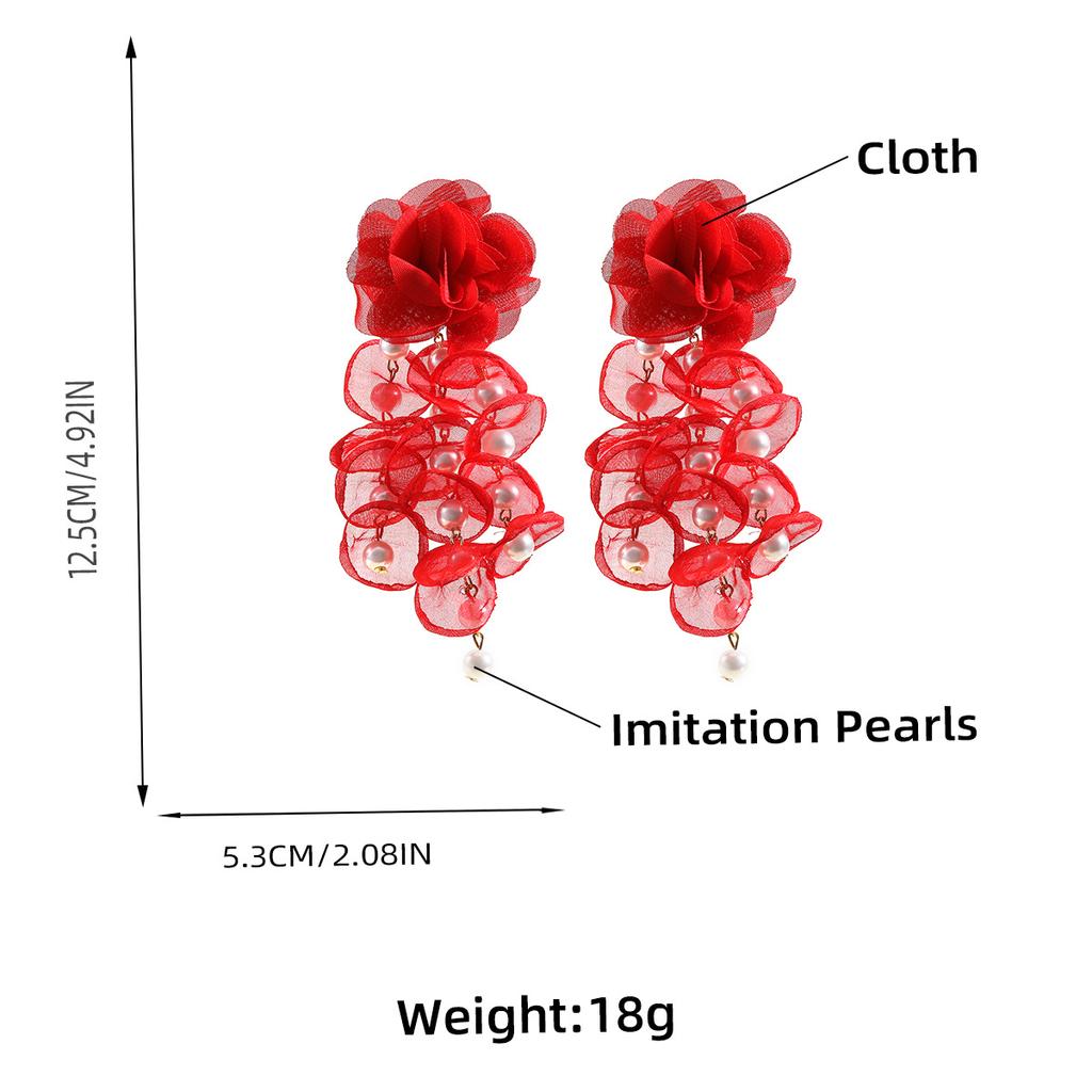 Summer New Floral Earrings Exaggerated Earrings Women's Bohemian Fabric Set with Pearl Flower Fringe Accessories