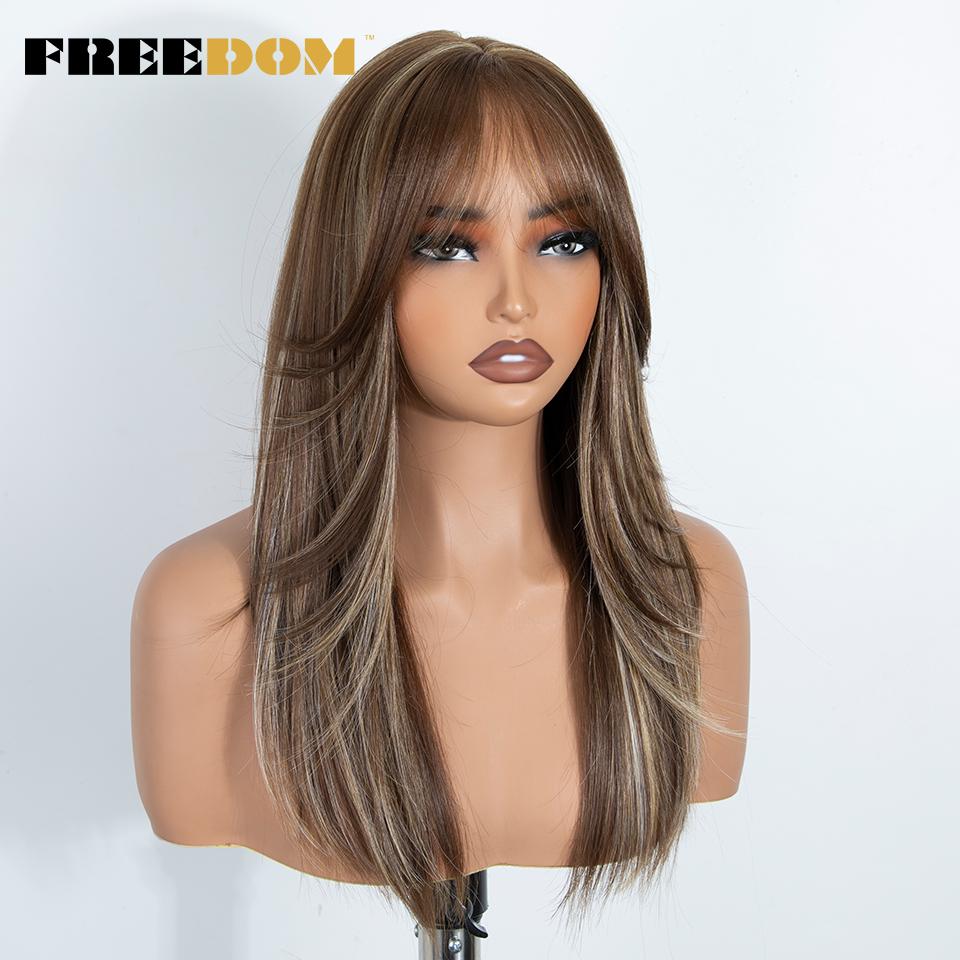 FREEDOM Gerade Geschichtete Synthetische Spitze Front Perücke Mit Pony 20 Zoll Ombre Braun Blond Vorgeschnittene Spitze Perücken Rosa Cosplay Perücke