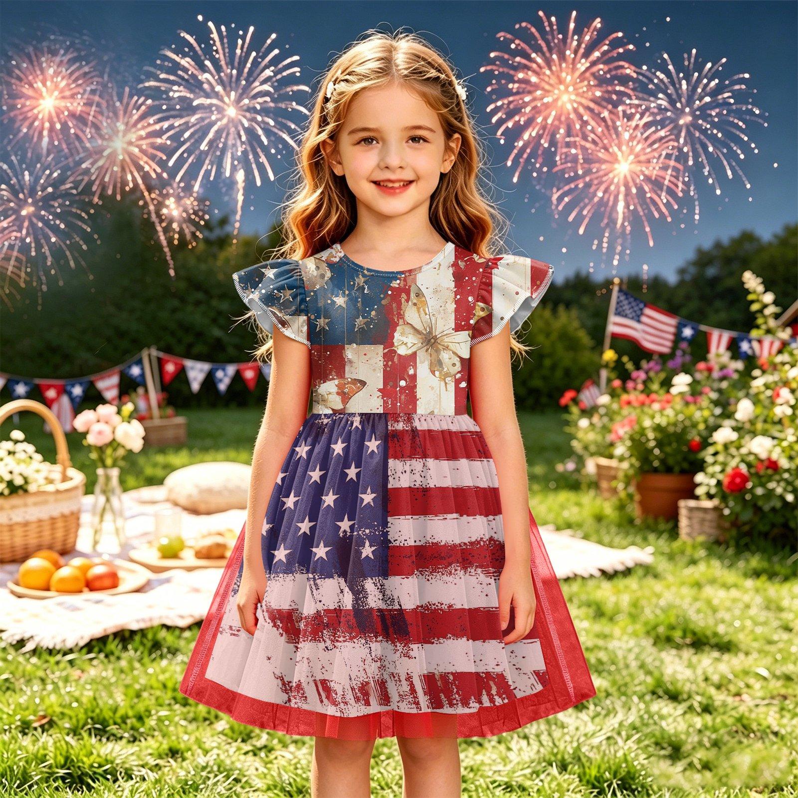 Girls Independence Day Dress Flutter Sleeve Patchwork Dress American Flag Print Layered Skirt Party Dress for Kids 110
