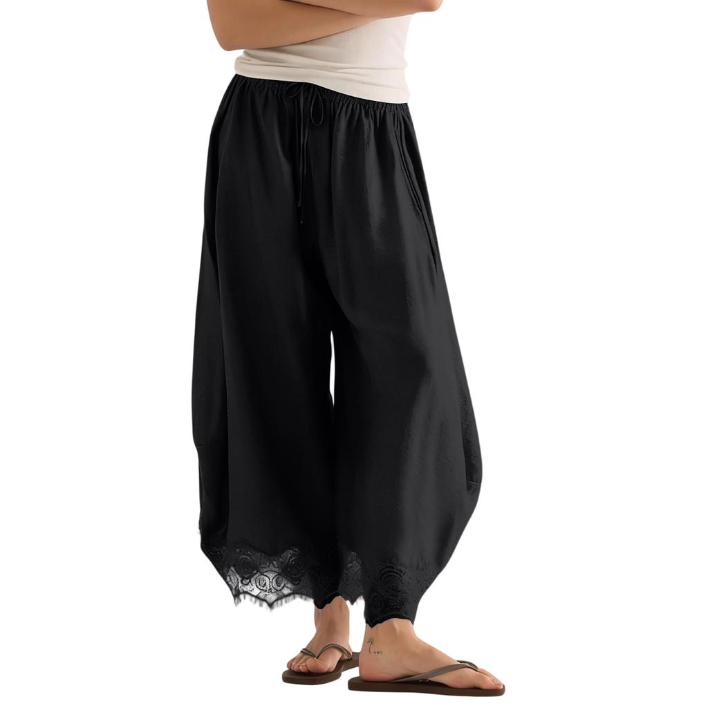 Women's Casual Wide Leg Pants Elastic Waistband Drawstring Bottom Hem Lace Trim Palazzo Trousers for Everyday Wear