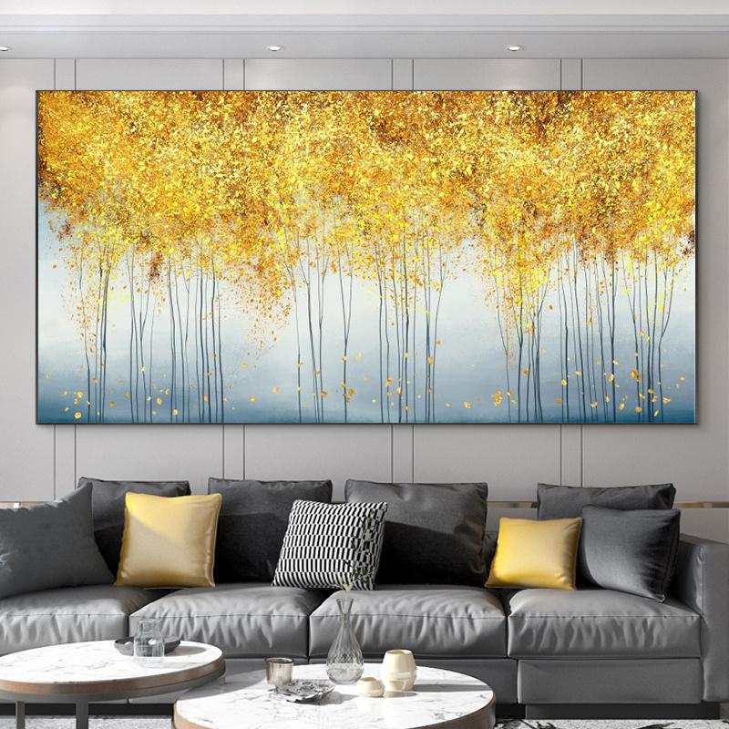 Abstract Leaves Oil Painting Print On Canvas Texture Golden and Silver Trees Wall Art Modern Home Decor Living Room Wall Decor
