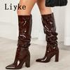 Fashion Liyke 2025 Autumn Winter Pleated Patent Leather Knee High Boots Female Pointed Toe Slip On Motorcycle Shoes Women Square Heels