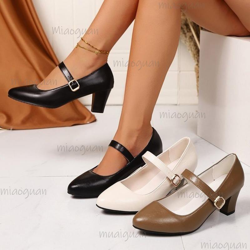 Fashion Women's Black White Mary Jane Pumps Buckle Strap Thick Med Heels Dress Shoes Woman Pu Leather Comfort Office Work Shoes Big Size