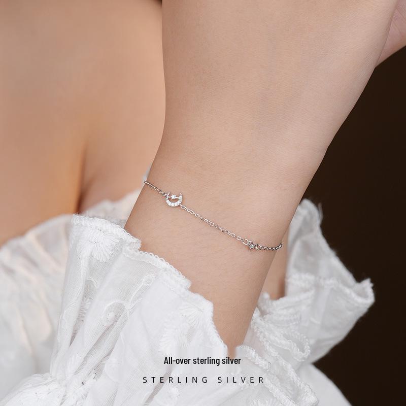 Cui Yan S925 Sterling Silver Korean Star & Moon Bracelet for Women - Elegant Daily Jewelry