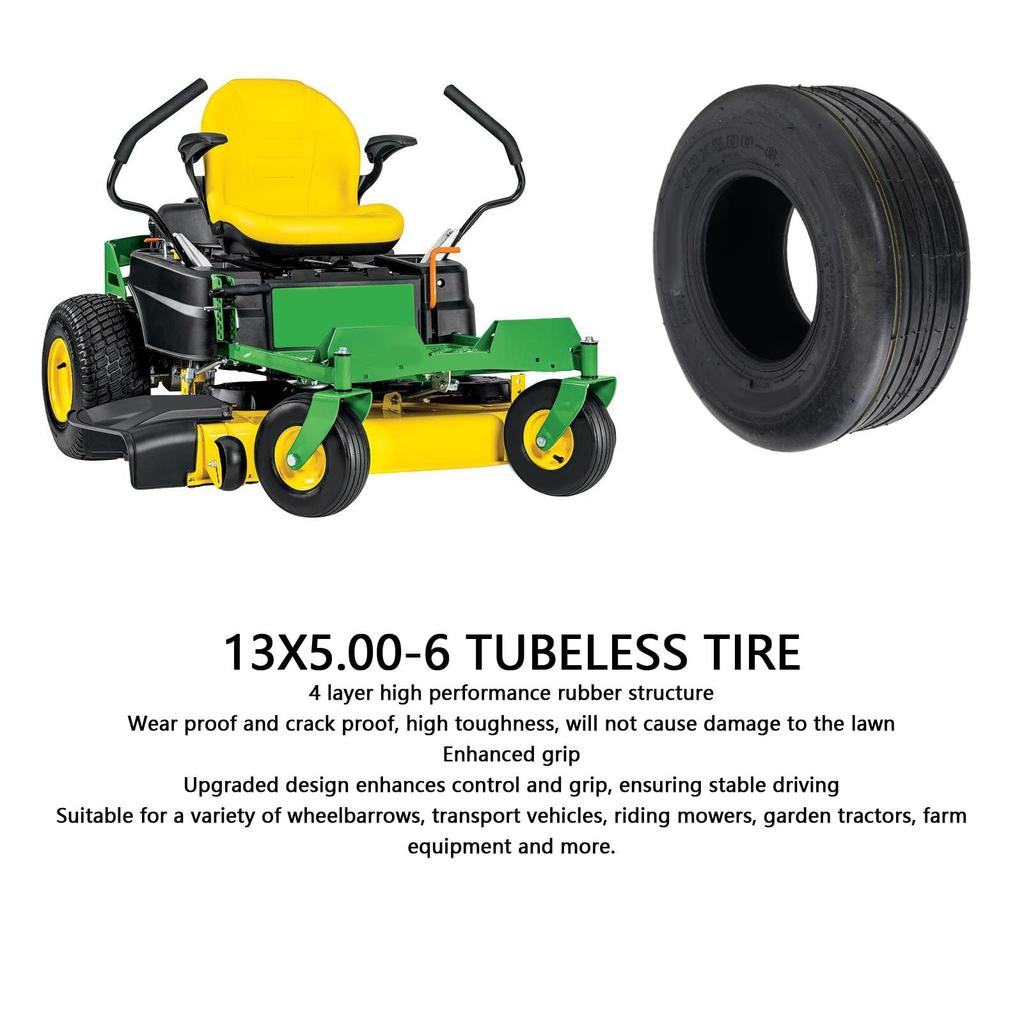 Luocute 13x5.00-6 Rubber Tubeless Tire, 4-Ply, 440 lb Load Capacity, Lawn Tire for Tractors, Lawn Mowers, Wheelbarrows, and Lawn Mowers