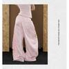 Womens Retro Leopard Print Pink Embroidered Wide Leg Pants Loose Casual Trousers