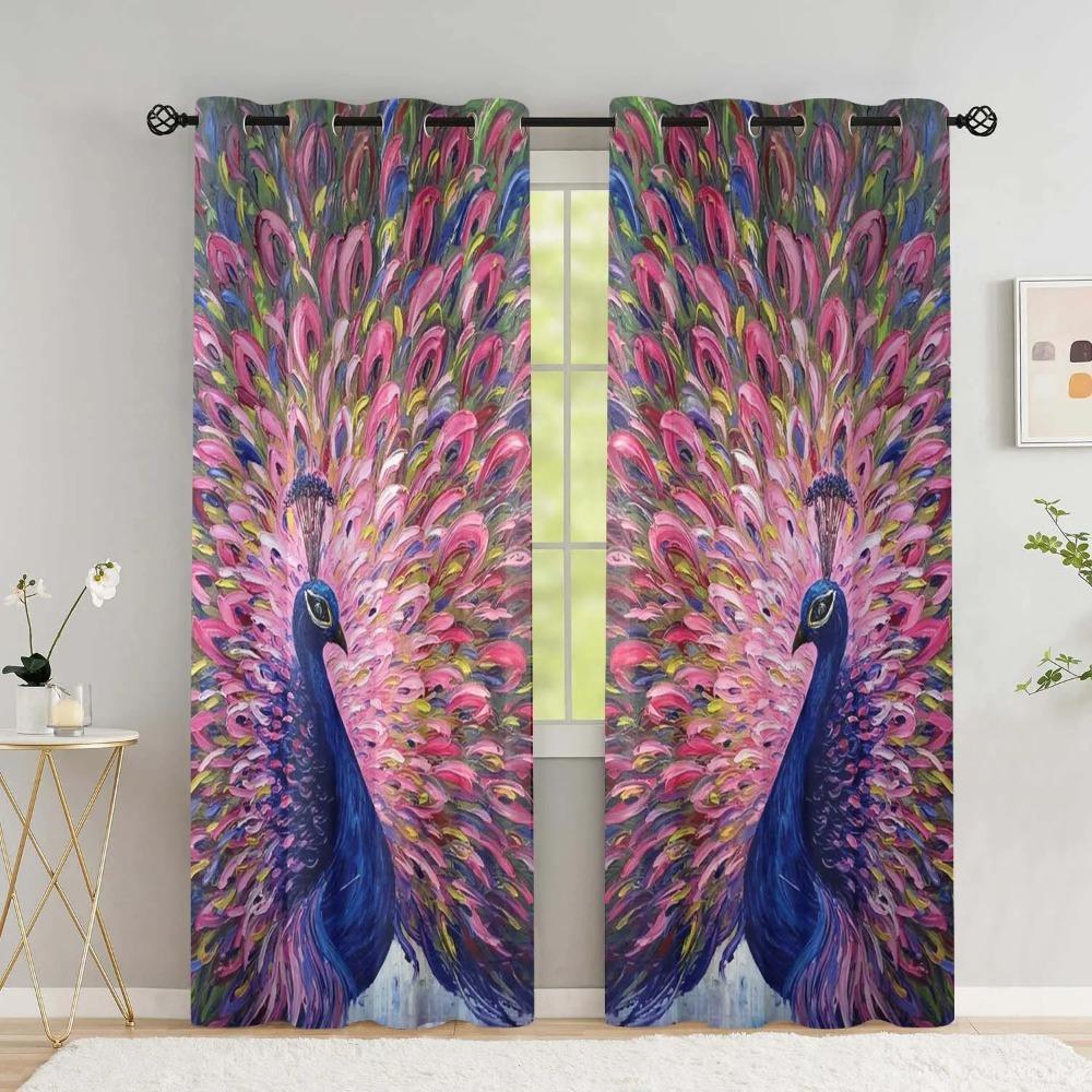 2 Pieces Peacock and Orchid Curtains for Bedroom Living Room Floor-to-ceiling Window Kitchen Blinds cortinas Grommet Top Drapes
