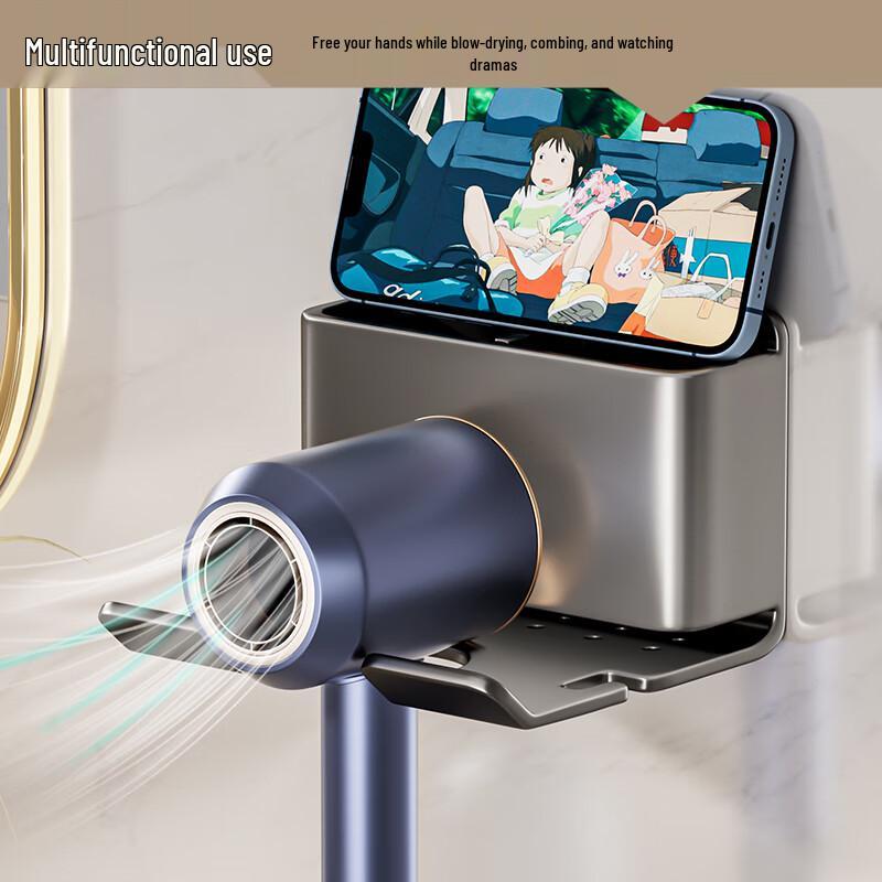 Wall-Mounted Hair Dryer Holder with Storage Shelf