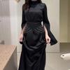 Elegantes langes Satinkleid für Damen, halbhoher Kragen, ausgestellte Ärmel, Partykleid, einfarbig, schmale Abendkleider für Damen