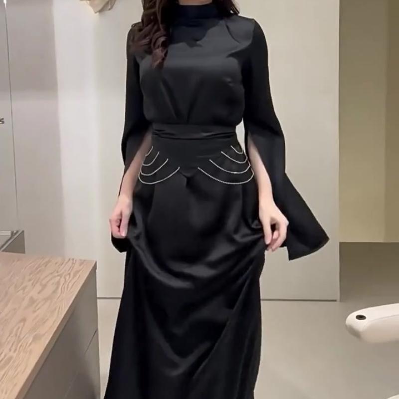Elegantes langes Satinkleid für Damen, halbhoher Kragen, ausgestellte Ärmel, Partykleid, einfarbig, schmale Abendkleider für Damen
