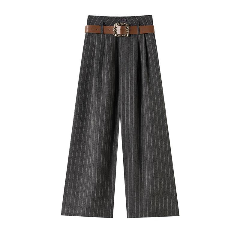 Women's High-Waisted Striped Wide-Leg Pants with Belt - Casual, Loose, Floor-Length Style