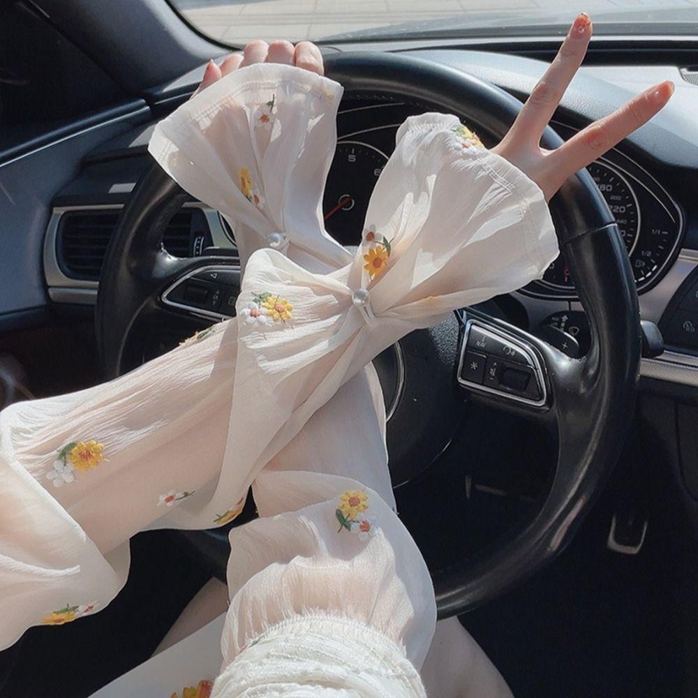 Pearl Buckle Sunscreen Sleeve Anti-UV Embroidery Flower Ice Silk Sleeves Cute   Outdoor