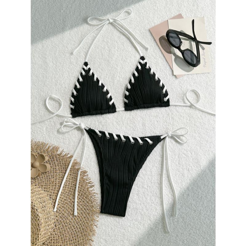 Sexy Triangle Bikini Set New Solid Color Textured Ribbed Halter Lace Up Tie Side Summer Beach Vacation Ins Fashion Swimwear