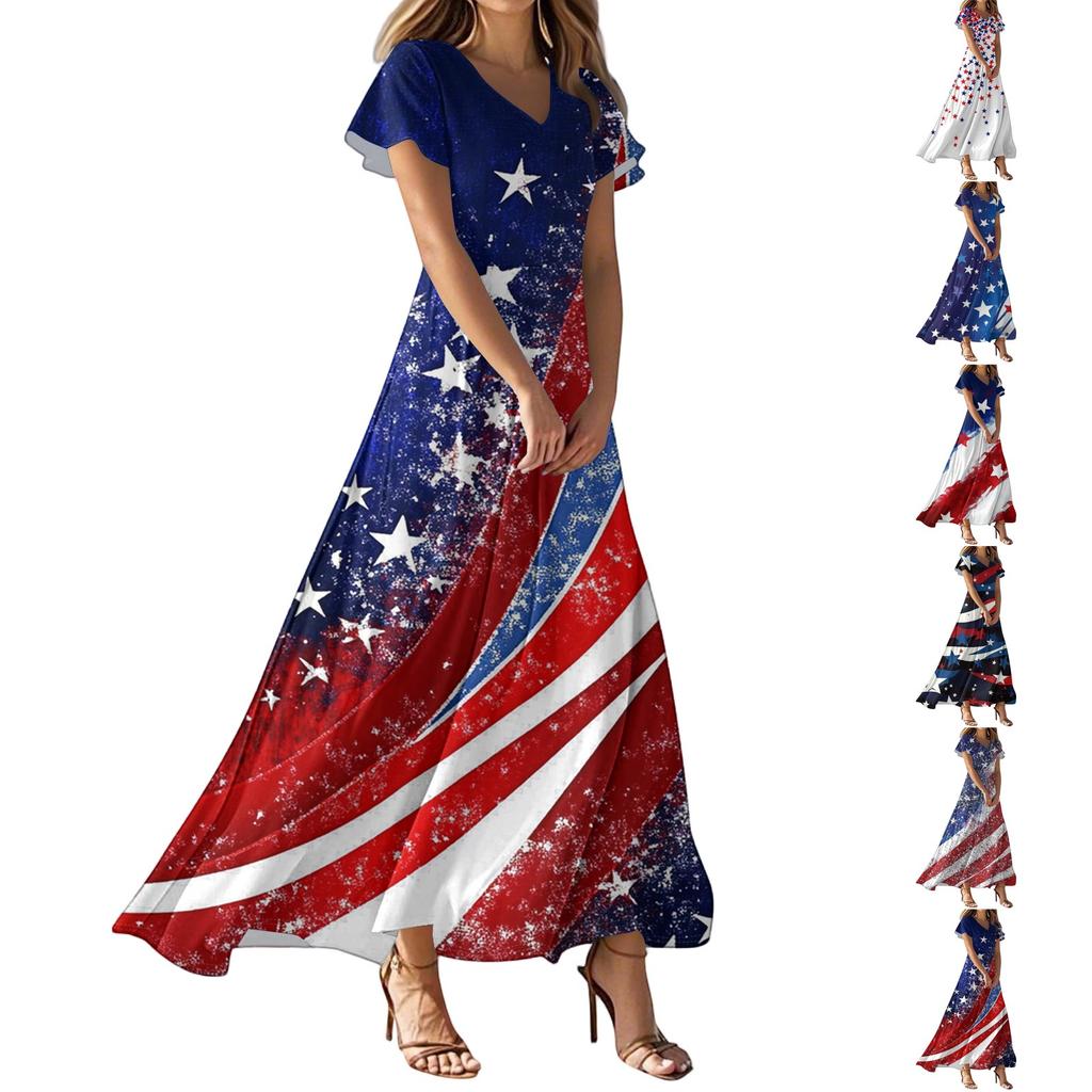 Women's Casual Fashion Print Long Dresses V-Neck Short Sleeve Dresses