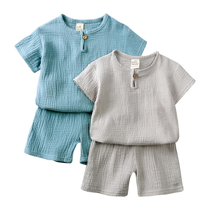 Summer Simple Cotton Linen Two-Piece Set: Breathable Short Sleeve and Shorts for Boys and Girls