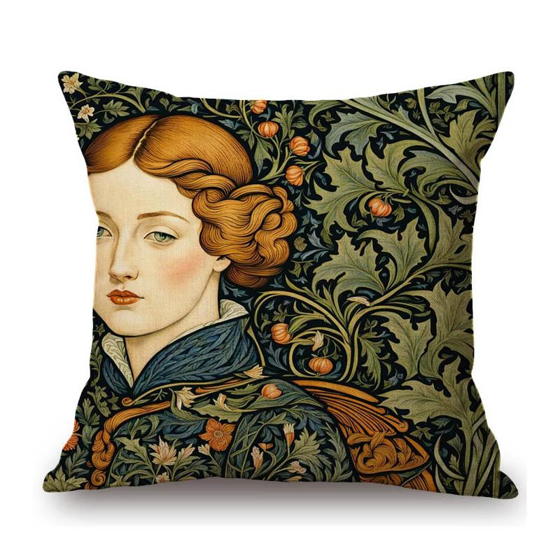 Renaissance Retro William Morris Style Beautiful Lady Girl Flower Floral Classic Home Decoration Sofa Pillow Case Cushion Cover