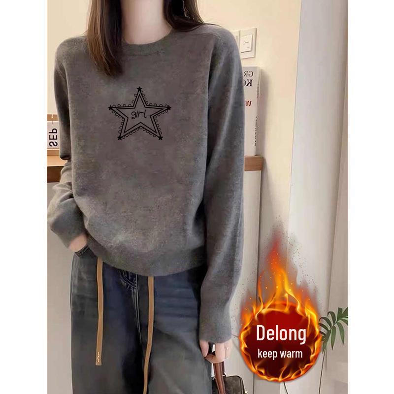 

Women s Retro Gray Long Sleeve Plush T-shirt: Slimming Round Neck Top for Autumn/Winter L