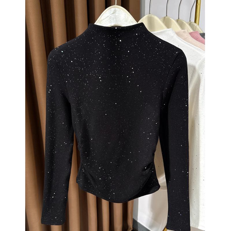 Ribbed Plush Sequined Half-High Collar Long Sleeve Top for Women – Autumn/Winter Stylish Inner Layer