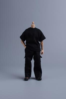 112 Scale MaleFemale Unisex Articulated Action Figure Outfit Set: Black T-Shirt + Black Cargo Pants Fashion Set, Straight Cargo Long Pants, Simple