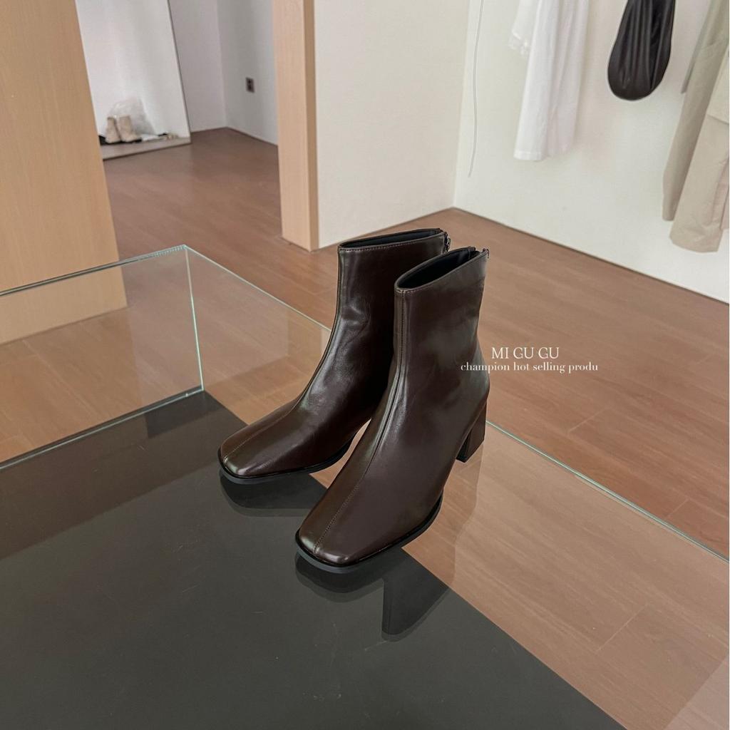 2025 autumn and winter new square head thick heel rear zipper low tube thin Martin women's short boots