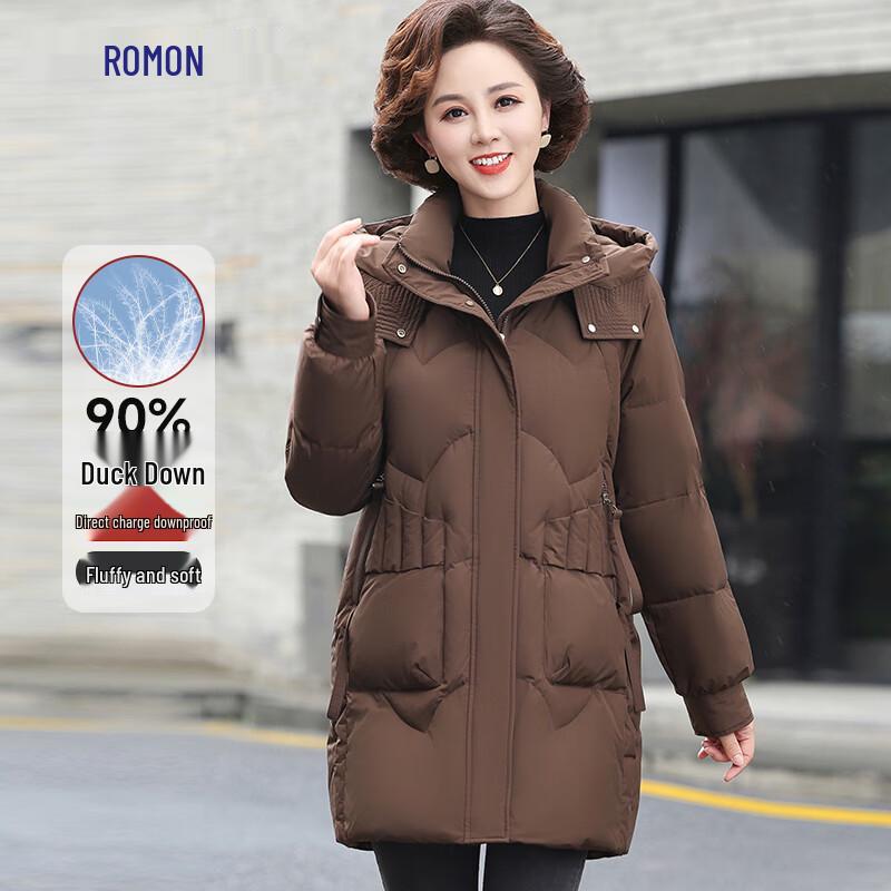 ROMON Women's Hooded Mid-Length 90% Duck Down Winter Coat