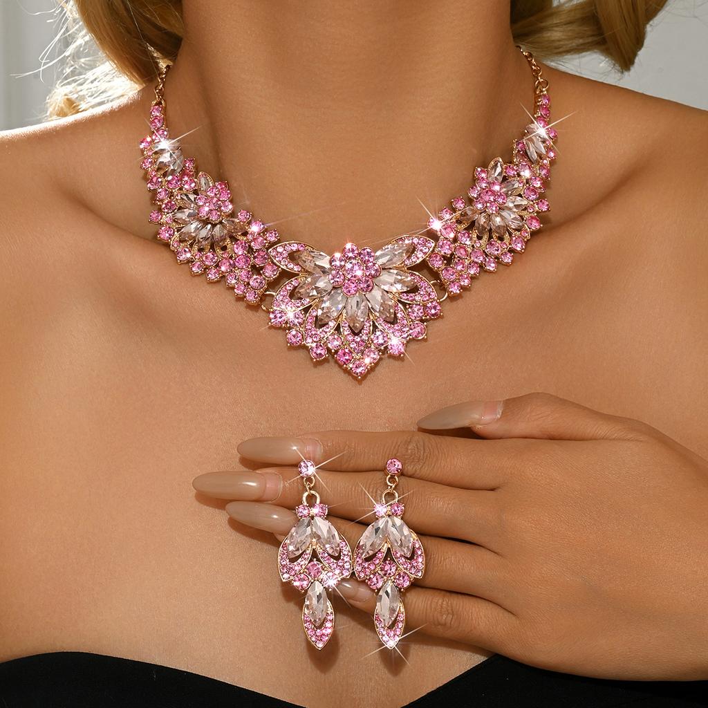 Diamond Inlaid High-end Alloy Multi-color Necklace Earrings Suitable for Women's Vacation Travel Eye-catching Accessories