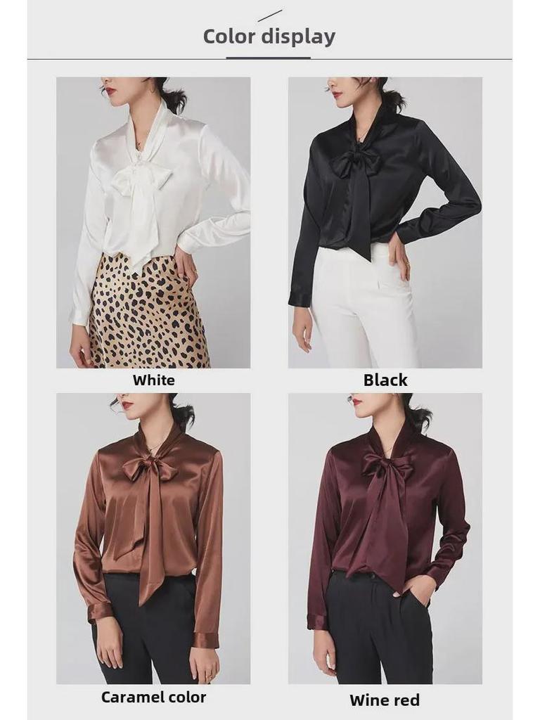 Damebluse i Mulberry-silkesateng for tidlig vår med sløyfe - Langermet