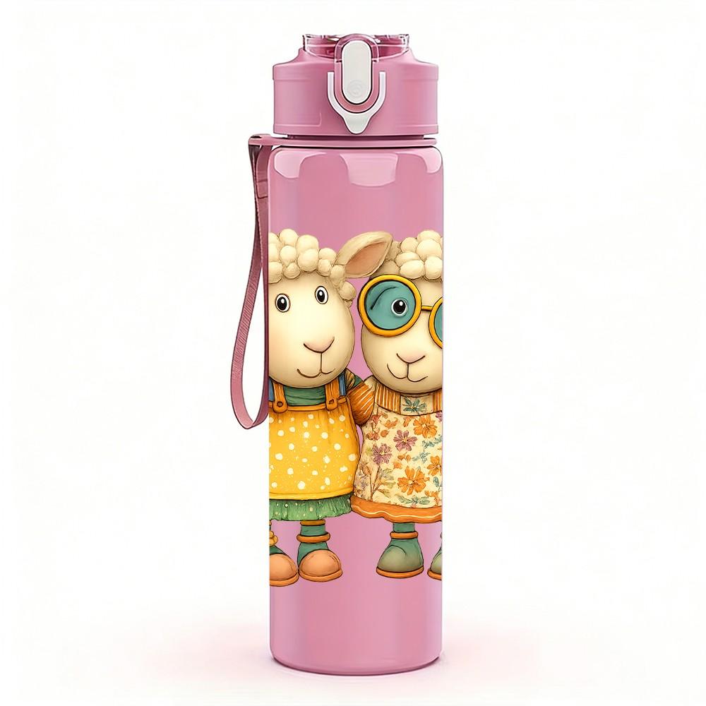 1PC Twin Country Sheep Dolls 750ml Color Plastic Sports Water Bottle Leakproof Flip Straw Lid Suitable for Sports Office Home Use