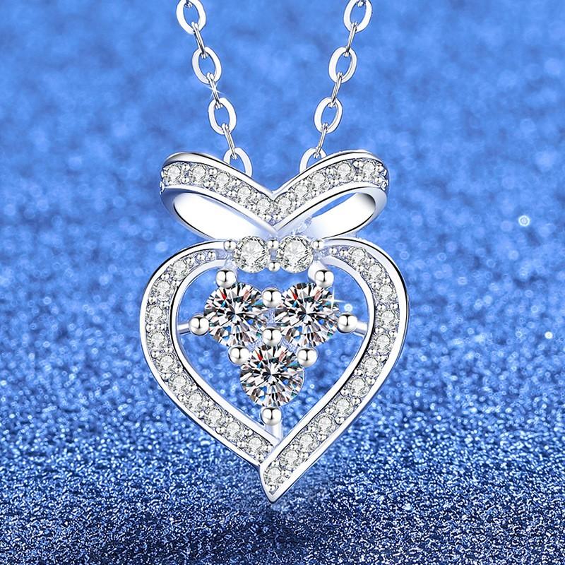 Moissanite Heart Bow Necklace Dainty Jewelry Women