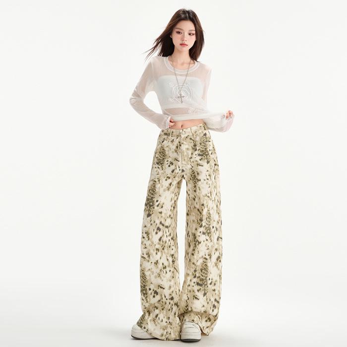 

Женские джинсы широкие от бедра с леопардовым принтом цвета экрю - Осенние свободного кроя в стиле моппинг L