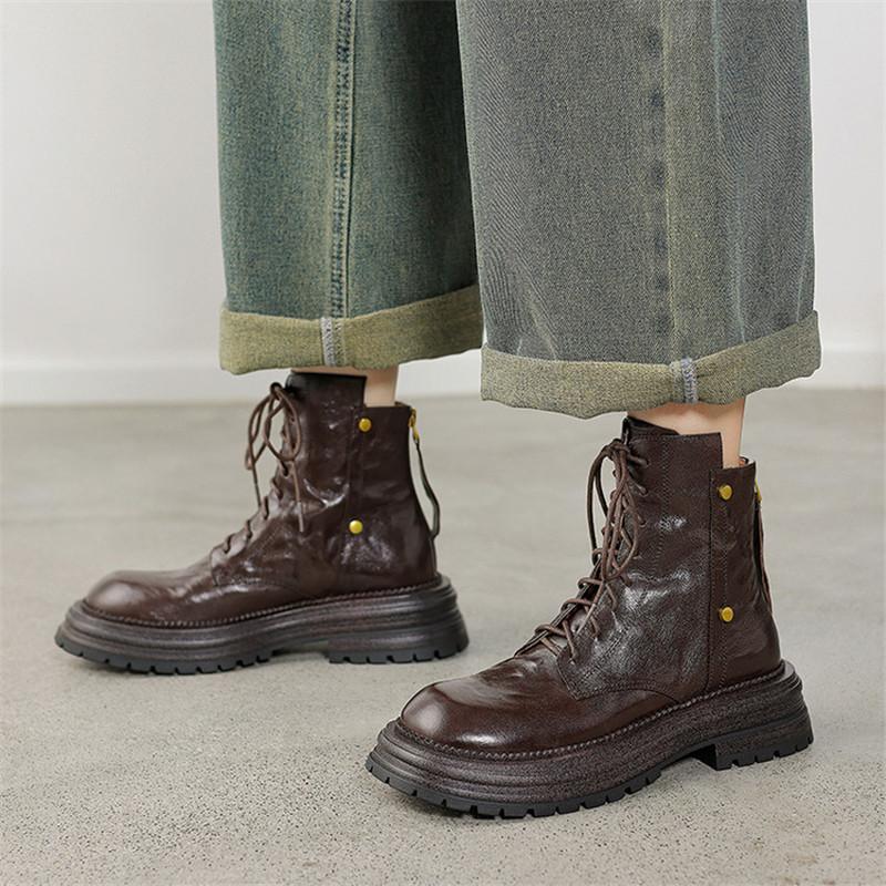 Fashion New Autumn/winter Genuine Leather Women Boots Round Toe Shoes for Women Fashion Boots Women Mid Heels Lace Platform Boots