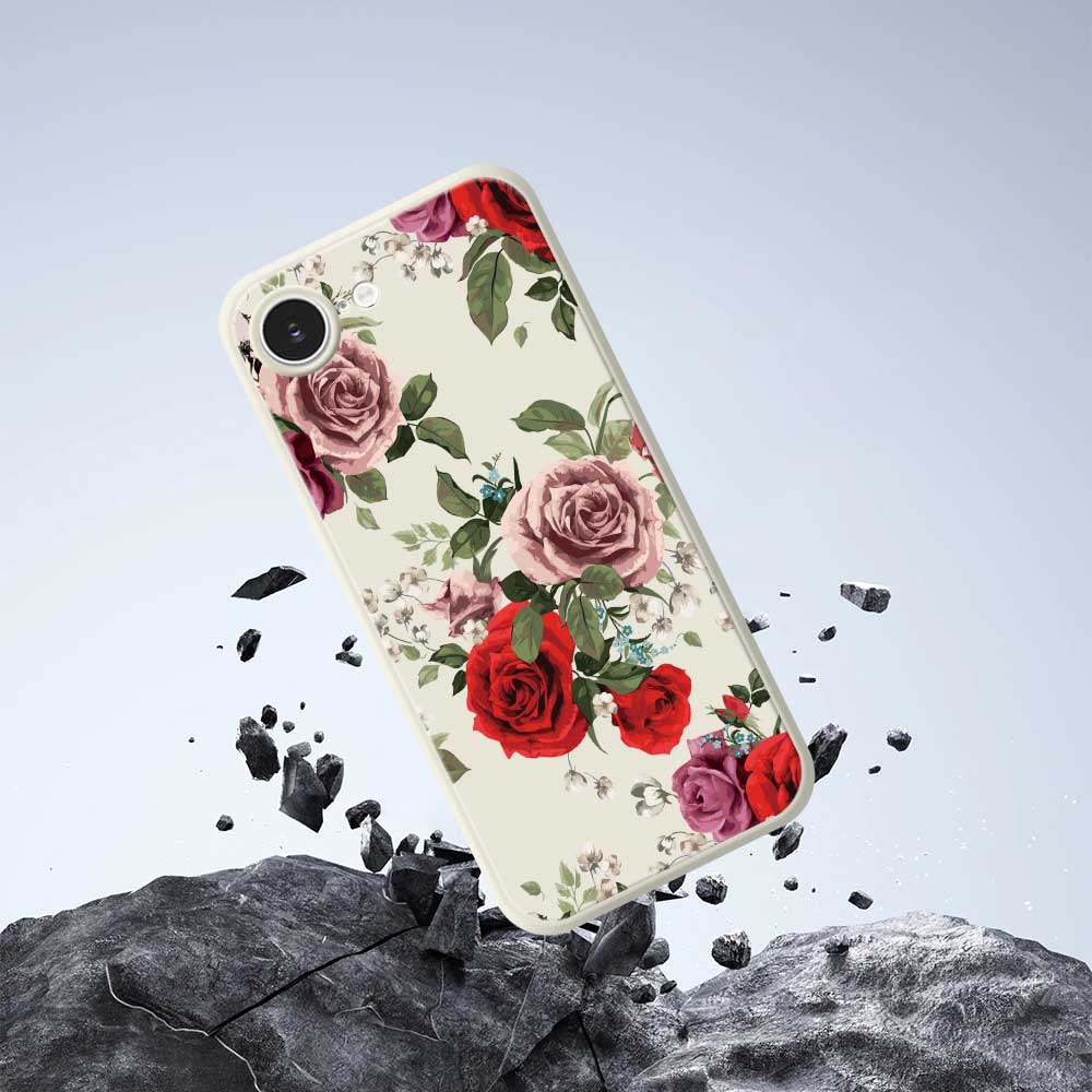 For iPhone 16e Case Red and Pink Flowers Pattern Printing Straight Edge TPU Phone Back Cover