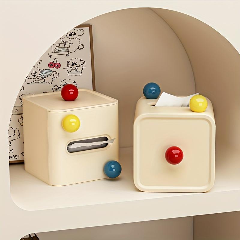 Chic Cream-Style Tissue Box with Colorful Balls - Square Plastic Holder for Bathroom, Living Room & Vanity Countertop Decor