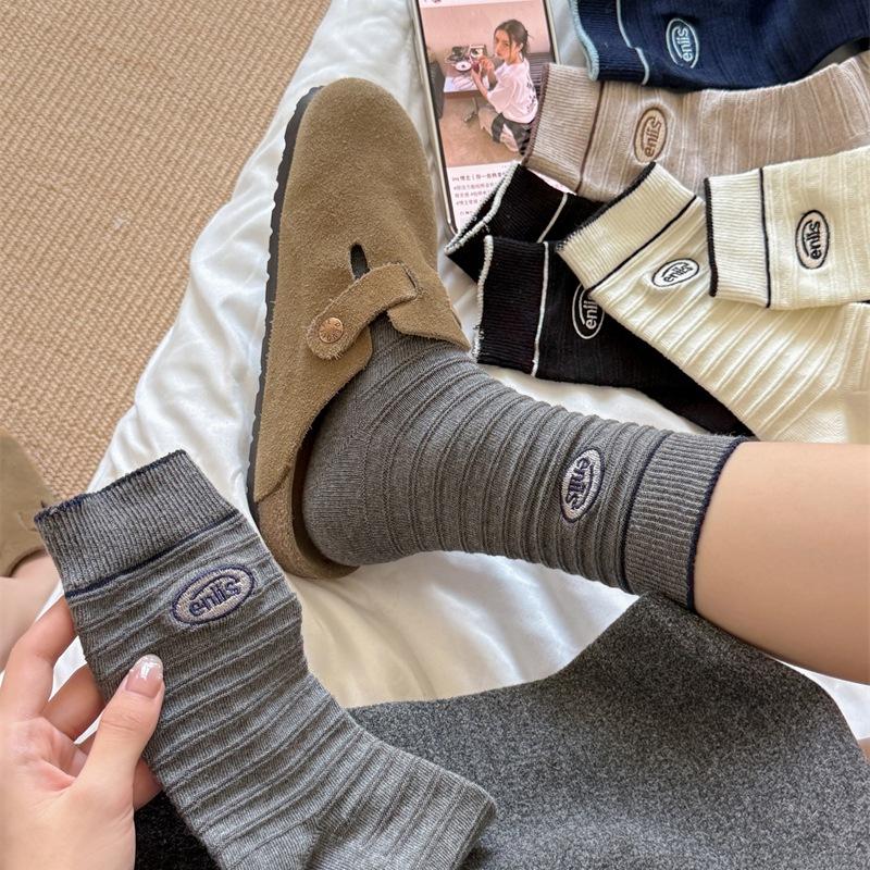 Striped Embroidered Letter Boneless Textured Cotton Mid-calf Socks for Casual Sports Women