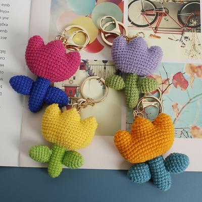 Crochet Tulip Keychain Handwoven Flower Key Ring Girl Backpack Pendant Creative Kintted Flower Gift