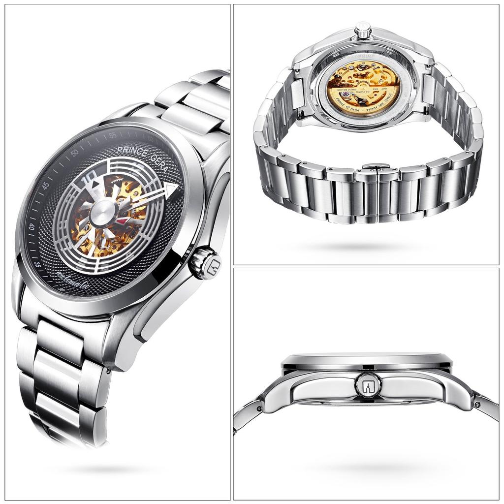 PRINCE GERA Stainless Steel Analog Display 50M Water Resistant Dress Mechanical Watch Sliver Case Black Dial Men's [Item]